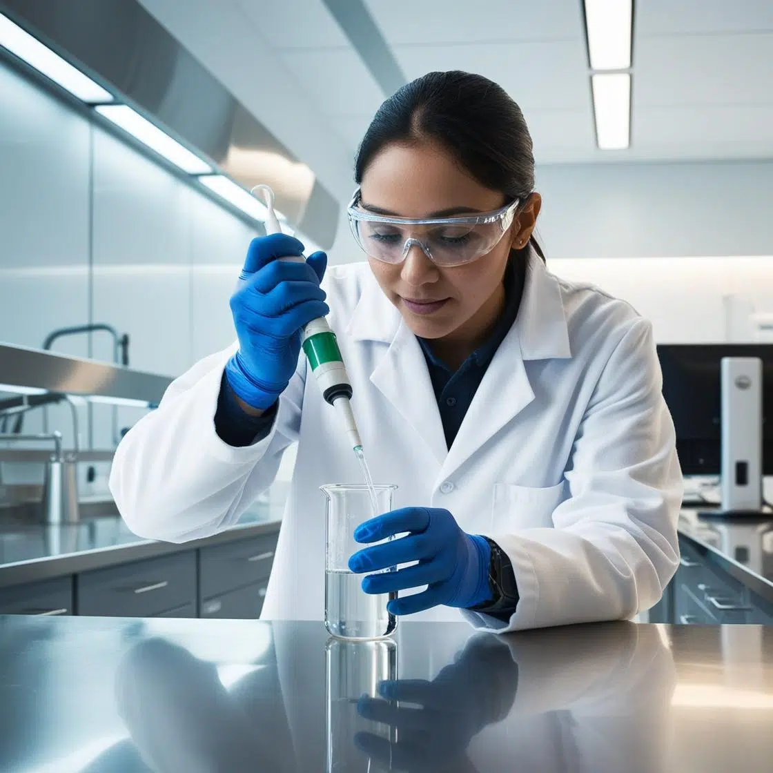 Female Scientist working at Lab Bench.