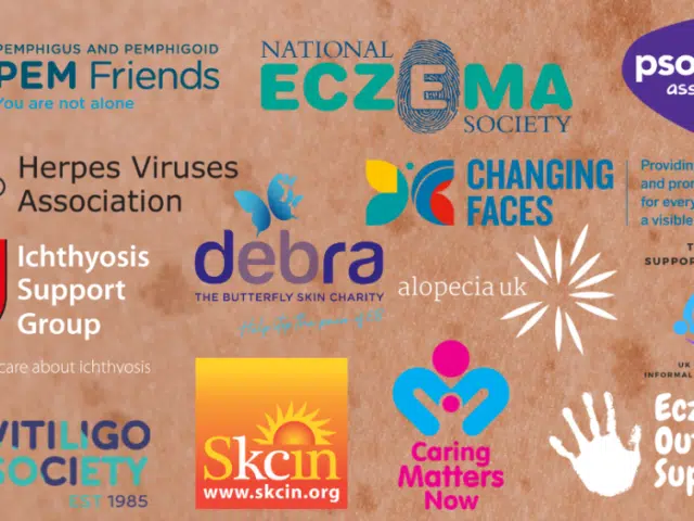 An image displaying logos of various health organisations including PEM Friends, National Eczema Society, Herpes Viruses Association, Ichthyosis Support Group, Debra UK, Alopecia UK, Psoriasis Association, Vitiligo Society, Skein, Caring Matters Now, and Eczema Outreach Support.