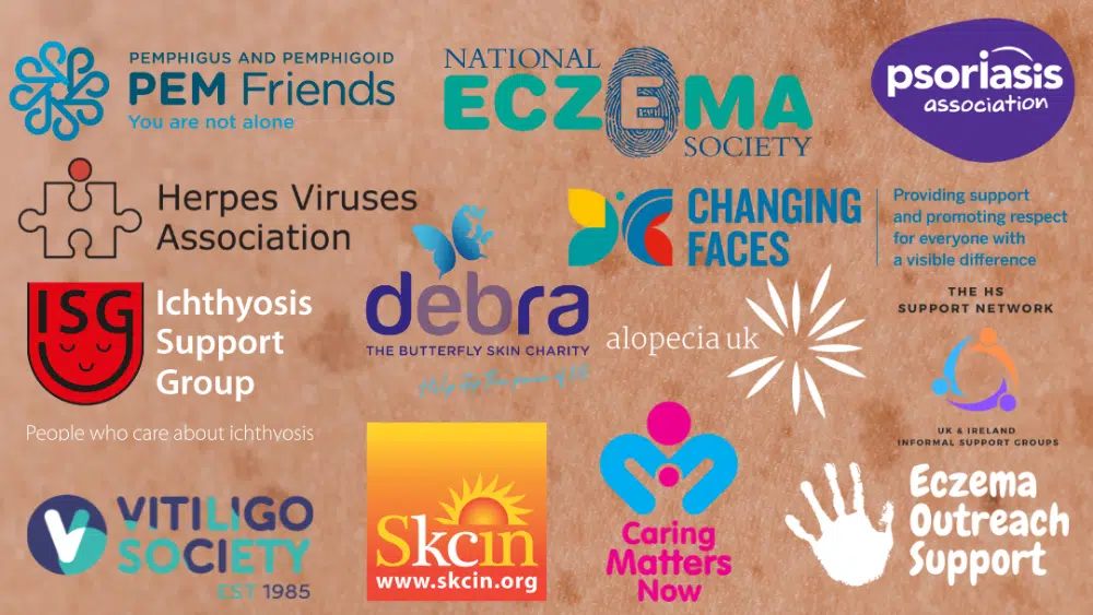 An image displaying logos of various health organisations including PEM Friends, National Eczema Society, Herpes Viruses Association, Ichthyosis Support Group, Debra UK, Alopecia UK, Psoriasis Association, Vitiligo Society, Skein, Caring Matters Now, and Eczema Outreach Support.