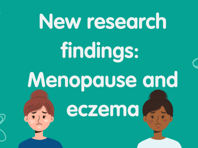 Text reads: New research findings: menopause and eczema. Underneath are two women with visible skin inflammation on their faces.
