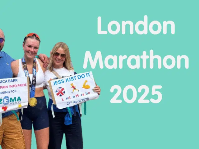 A photo of a London Marathon runner who has a finishers medal around their name. with two family members at either side. Text reads: London Marathon 2025.