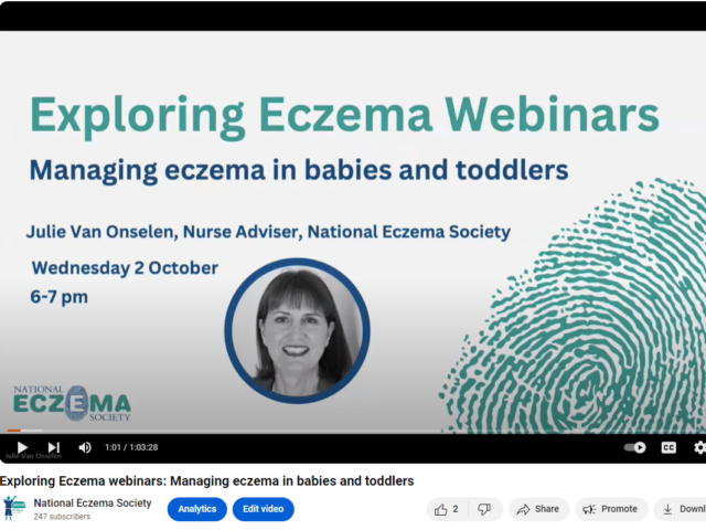 Picture shows screenshot of opening slide of our Exploring Eczema webinar on managing eczema in babies and toddlers, uploaded onto YouTube.