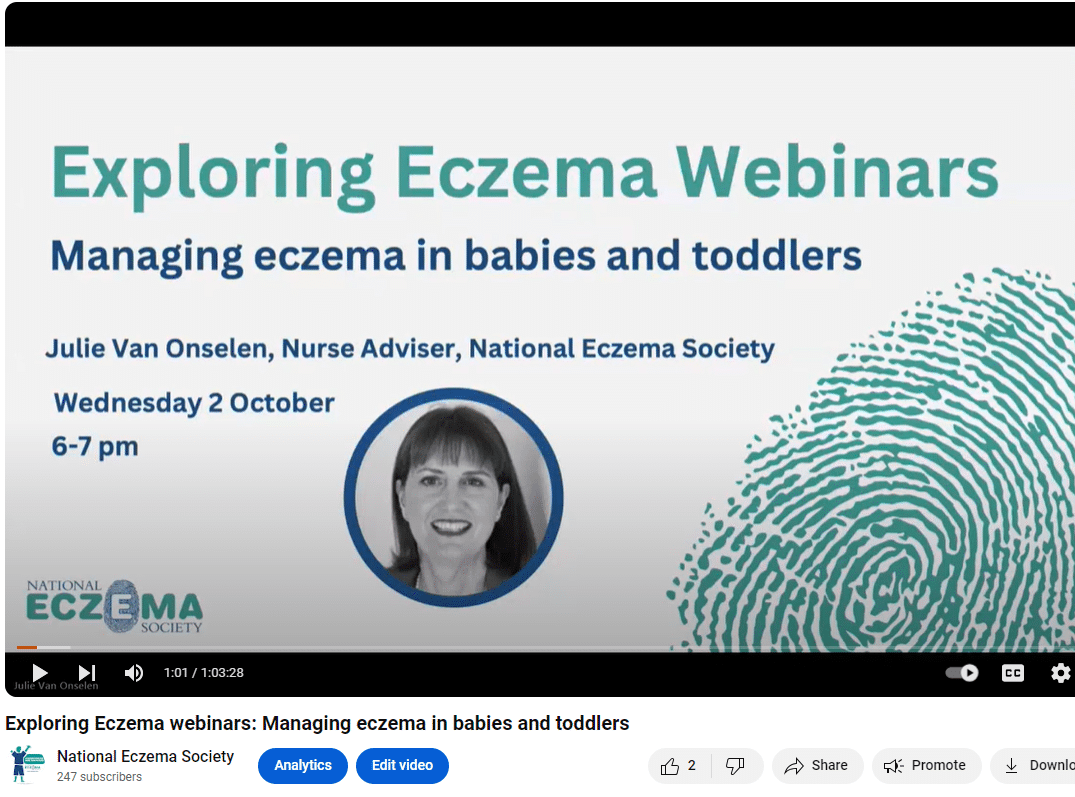 Picture shows screenshot of opening slide of our Exploring Eczema webinar on managing eczema in babies and toddlers, uploaded onto YouTube.