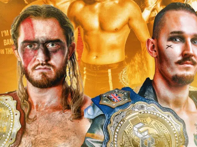 Two wrestlers looking ahead, with award belts over their shoulders.