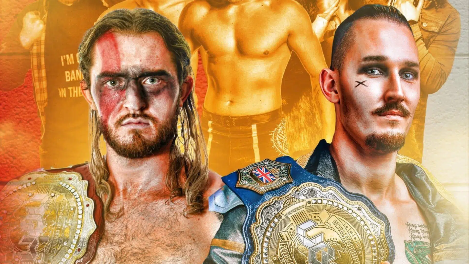 Two wrestlers looking ahead, with award belts over their shoulders.